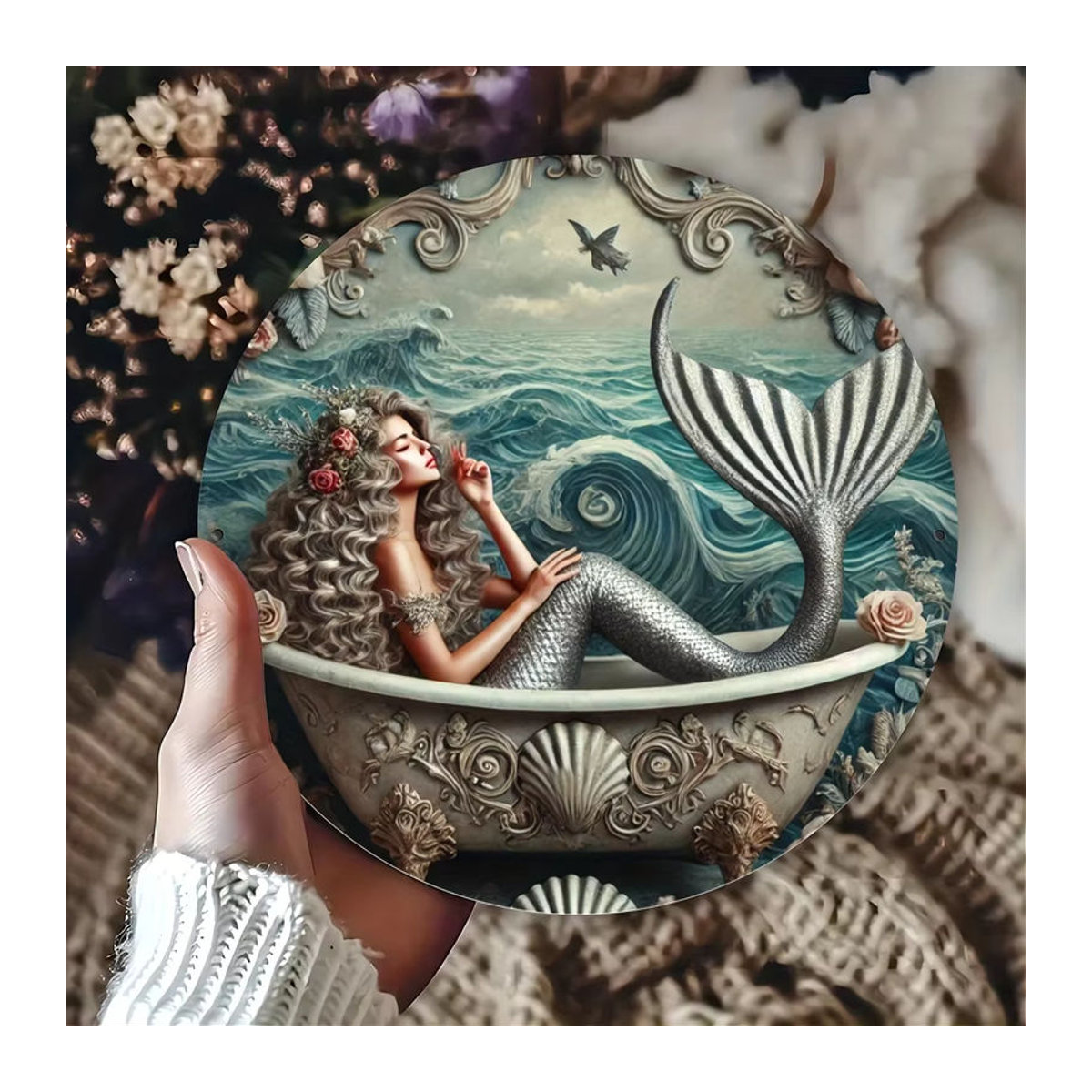 Hello Young Meerjungfrau Metallwandkunst Oceanic Bliss – Rundes, mehrfarbiges Dekoschild im klassischen Stil für Innen- und Außenbereich - Bild 3