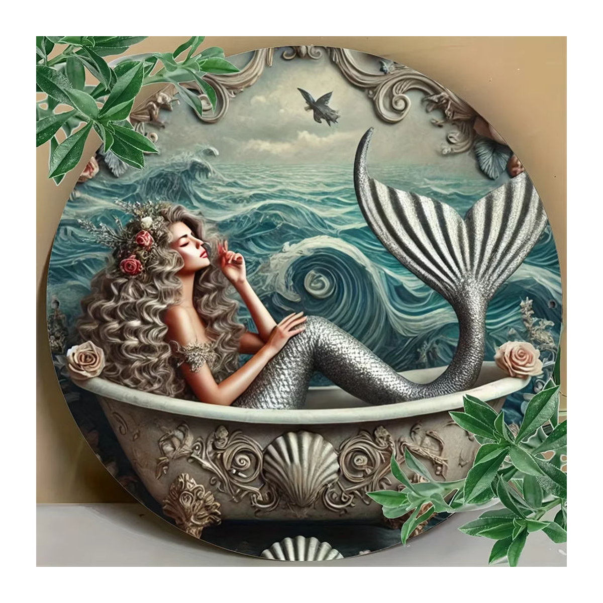 Hello Young Meerjungfrau Metallwandkunst Oceanic Bliss – Rundes, mehrfarbiges Dekoschild im klassischen Stil für Innen- und Außenbereich - Bild 4