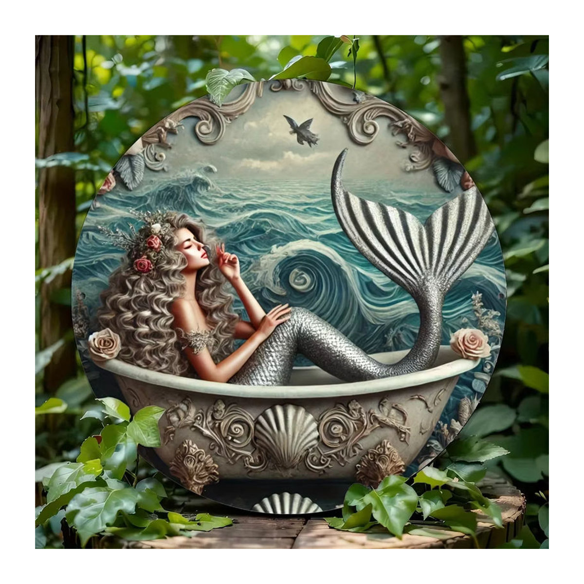 Hello Young Meerjungfrau Metallwandkunst Oceanic Bliss – Rundes, mehrfarbiges Dekoschild im klassischen Stil für Innen- und Außenbereich - Bild 5