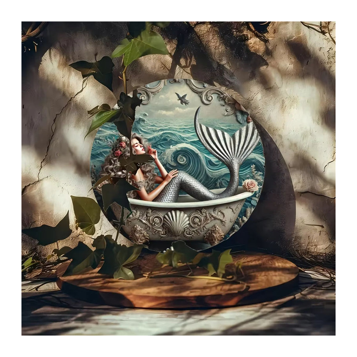Hello Young Meerjungfrau Metallwandkunst Oceanic Bliss – Rundes, mehrfarbiges Dekoschild im klassischen Stil für Innen- und Außenbereich - Bild 6
