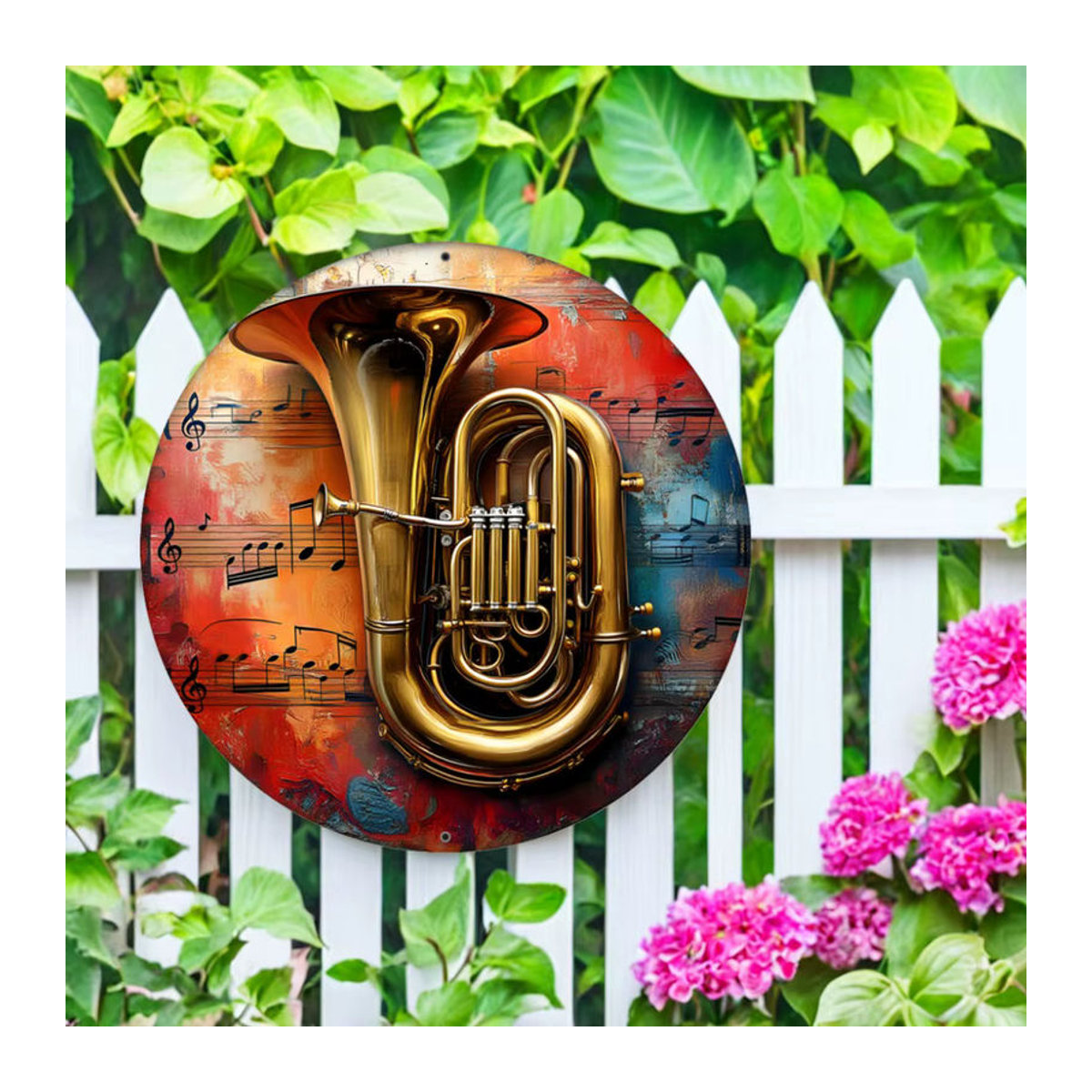 Hello Young Rundes Aluminiumschild mit Tuba-Motiv in Messing-Optik, Mehrfarbig, Durchmesser: 20 cm - Bild 4