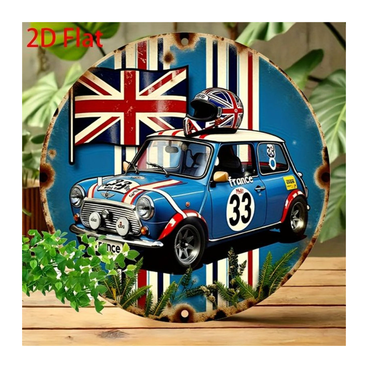Hello Young Vintage British Racing Car & Union Jack Rundes Aluminium-Flachschild in Mehrfarbig - Bild 1