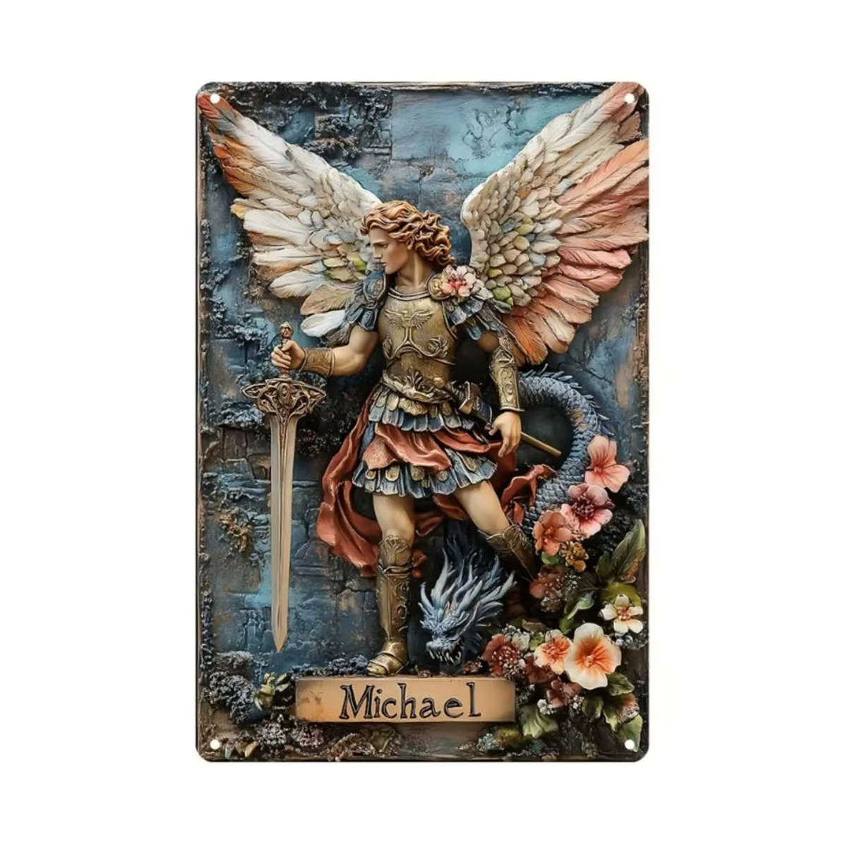 Hello Young Vintage Erzengel Michael Aluminiumschild aus Metall, mehrfarbige Wanddekoration, B/H: 30,5 x 20,3 cm - Bild 2