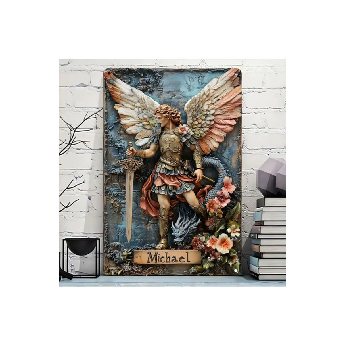 Hello Young Vintage Erzengel Michael Aluminiumschild aus Metall, mehrfarbige Wanddekoration, B/H: 30,5 x 20,3 cm - Bild 3