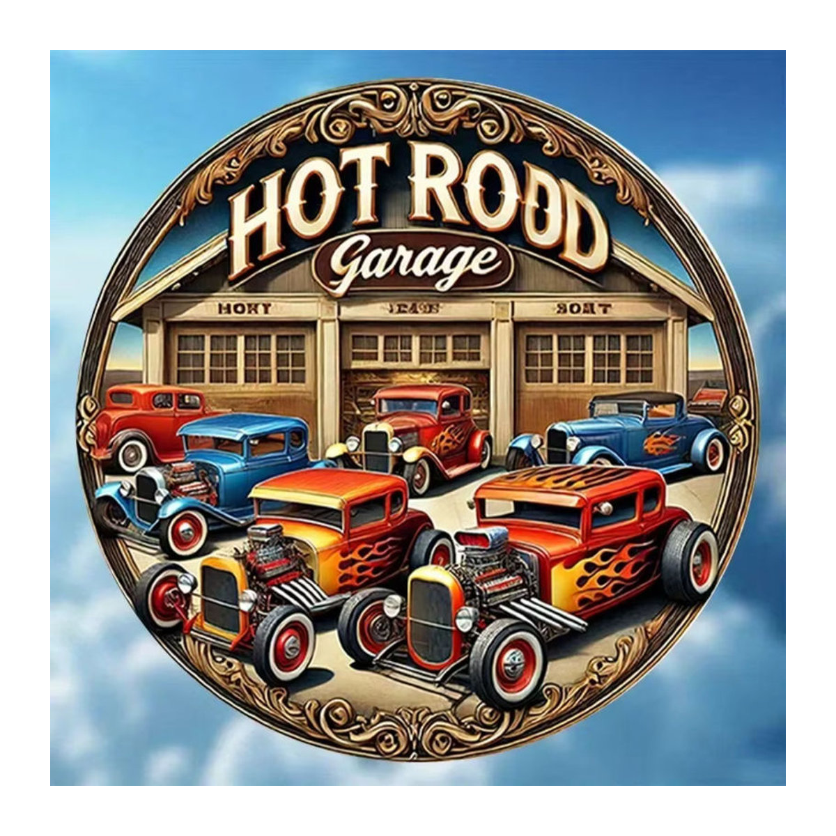 Hello Young Vintage Hot Rod Garage Blechgemälde – Rundes Metallschild in Mehrfarbig für deine Wanddekoration - Bild 3