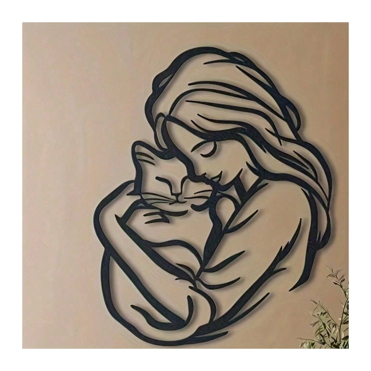 Hello Young Woman & Cat Embrace Metall-Wanddekoration in Schwarz für die Wandmontage - Bild 1