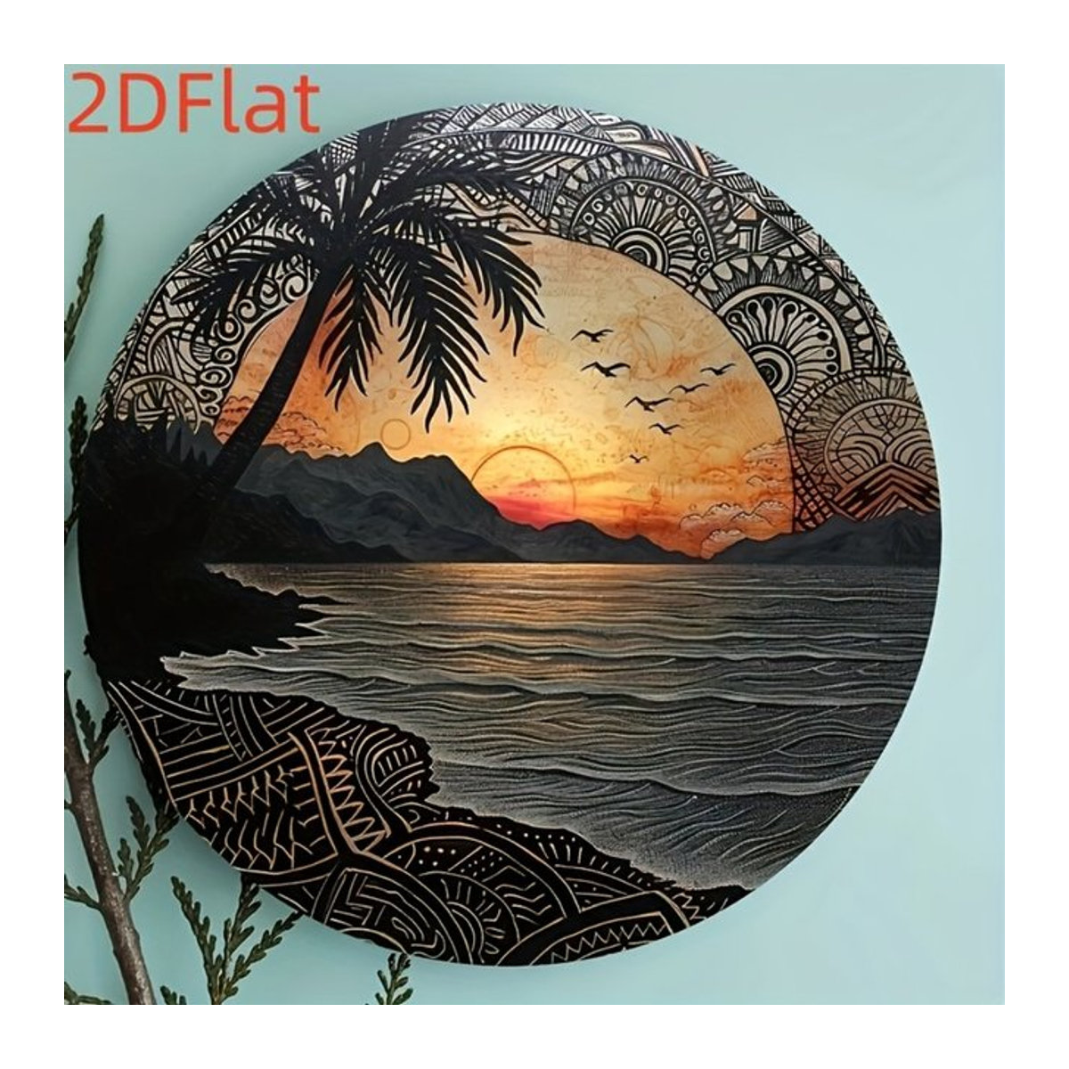 HELLOYOUNG 2D-Wandkunst im Bohemian Tribal Stil, rund, mehrfarbig mit tropischem Sonnenuntergang, Palmen und Meereswellen zur Wandmontage - Bild 1