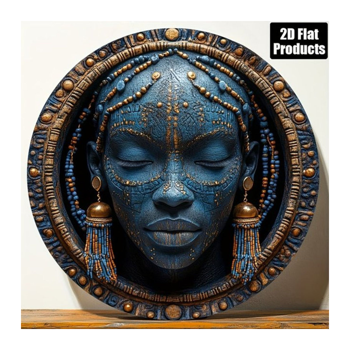 HELLOYOUNG Afrikanische Stammesmaske als Metall-Wandkunst in Blau, runde geometrische Dekoration, B/H: 20,3 x 20,3 cm - Bild 1