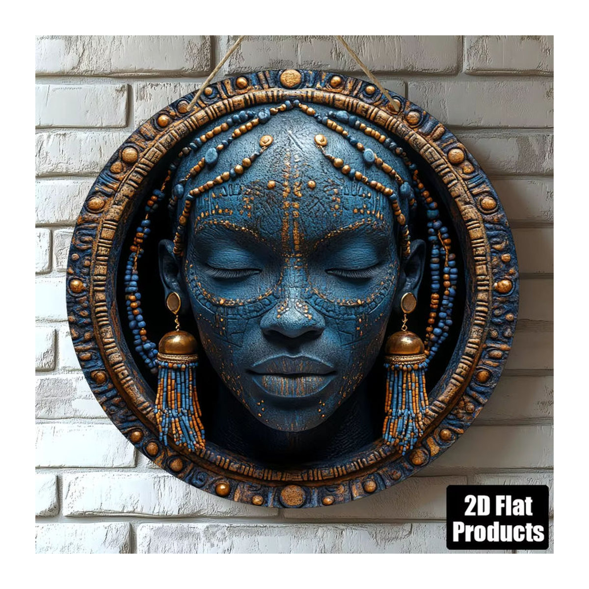 HELLOYOUNG Afrikanische Stammesmaske als Metall-Wandkunst in Blau, runde geometrische Dekoration, B/H: 20,3 x 20,3 cm - Bild 2
