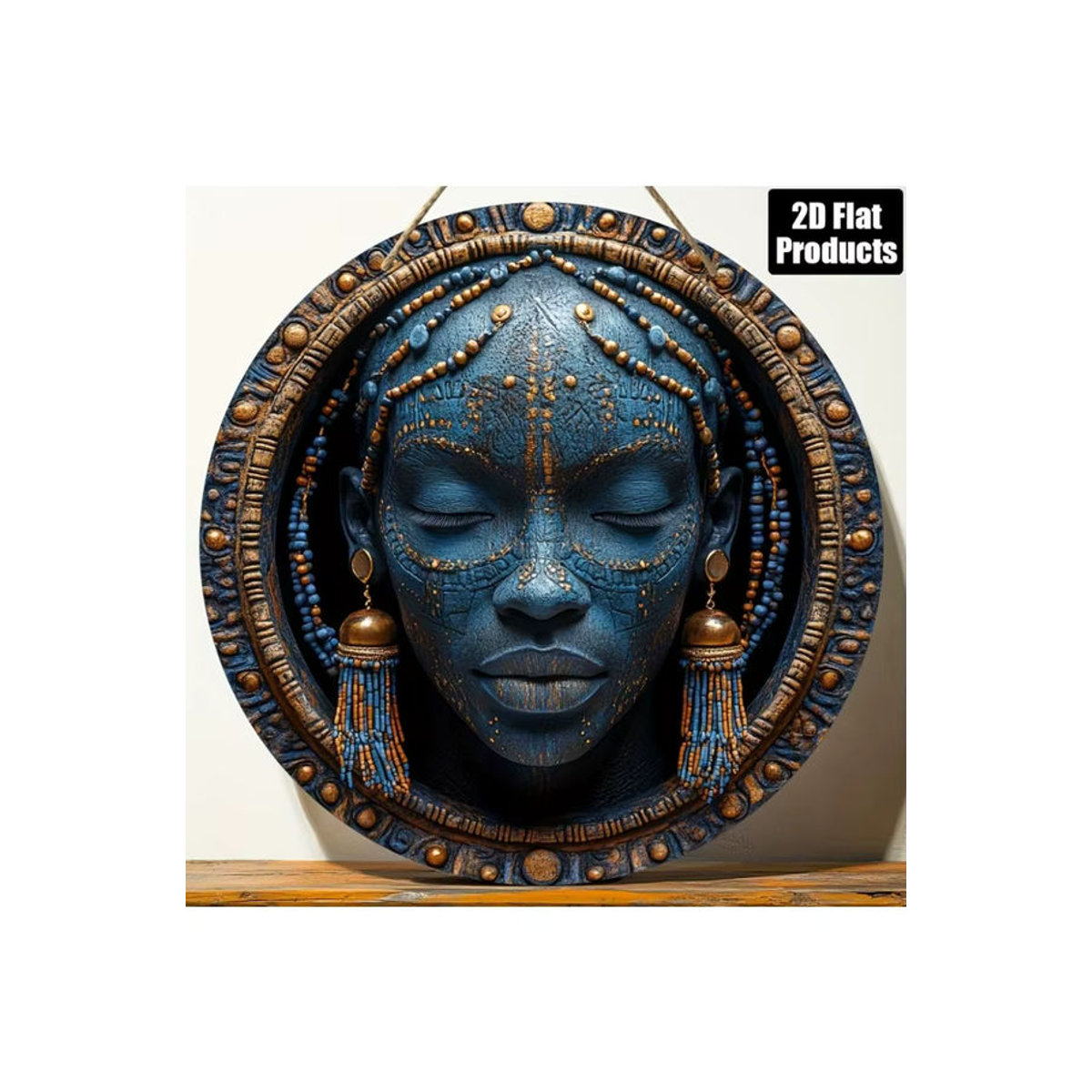 HELLOYOUNG Afrikanische Stammesmaske als Metall-Wandkunst in Blau, runde geometrische Dekoration, B/H: 20,3 x 20,3 cm - Bild 7