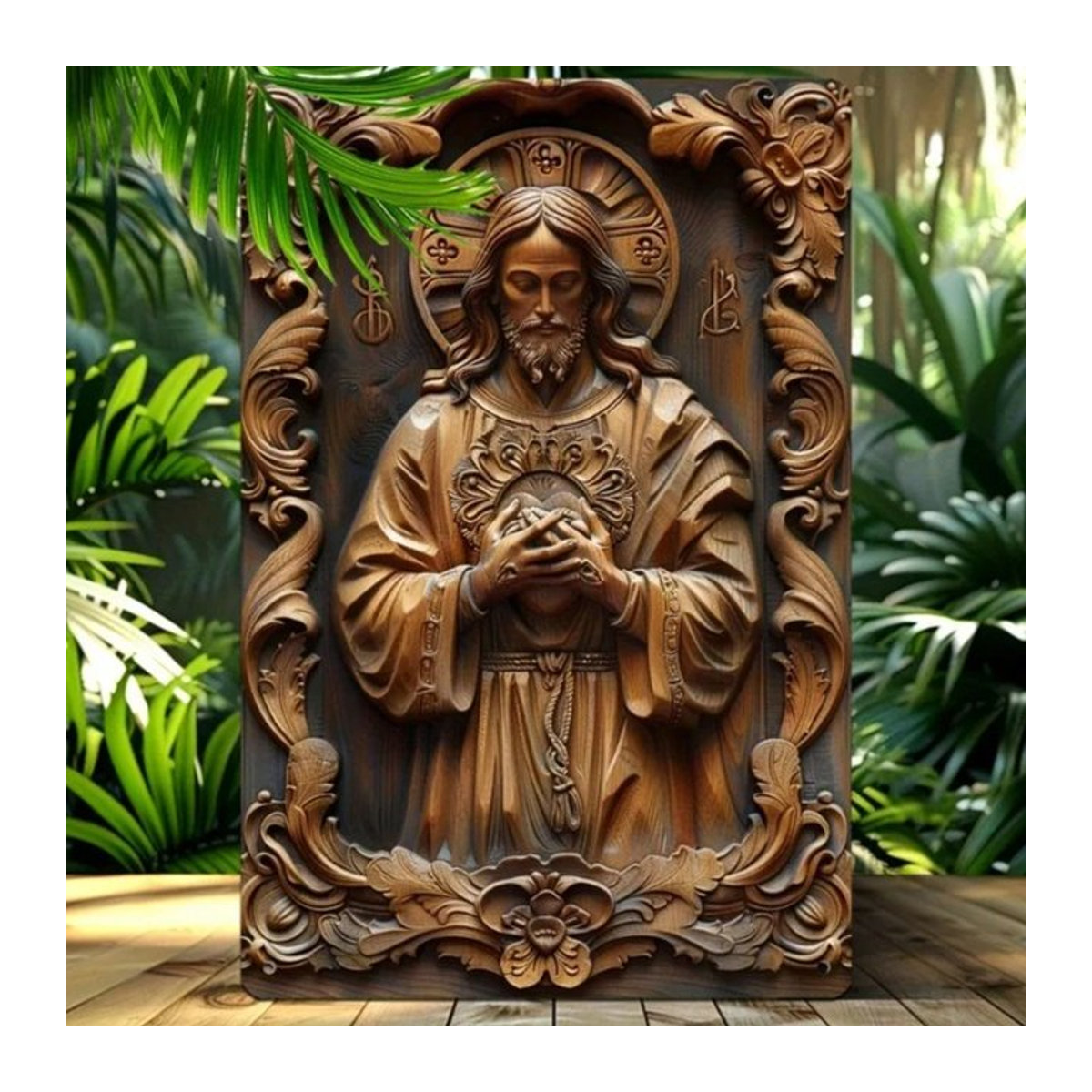 HELLOYOUNG Aluminiumschild in Holzoptik mit Saint Statue Porträt, braun, Rahmenlos, Wandmontage, B/H: 30 x 30 cm - Bild 1
