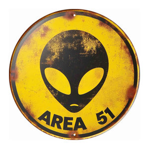 HELLOYOUNG Area 51 Vintage-Metallschild mit UFO und Alien Motiv in Gelb, dekoratives Retro-Kunstschild für die Wandmontage, Breite: 19,8 cm, Höhe: 19,8 cm