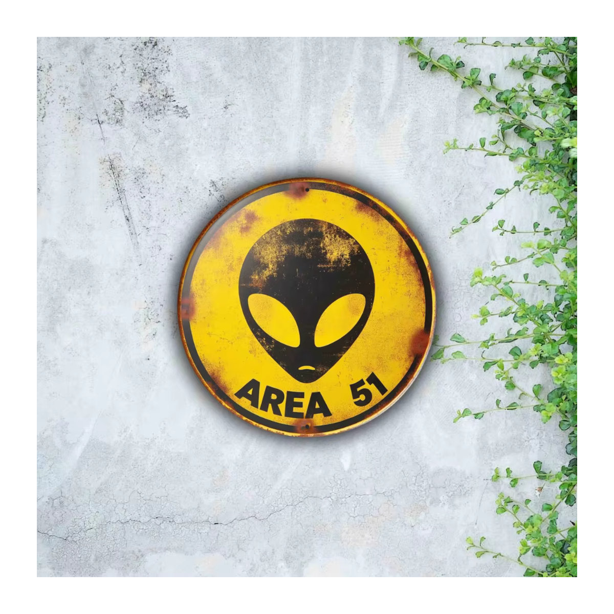 HELLOYOUNG Area 51 Vintage-Metallschild mit UFO und Alien Motiv in Gelb, dekoratives Retro-Kunstschild für die Wandmontage, Breite: 19,8 cm, Höhe: 19,8 cm - Bild 3