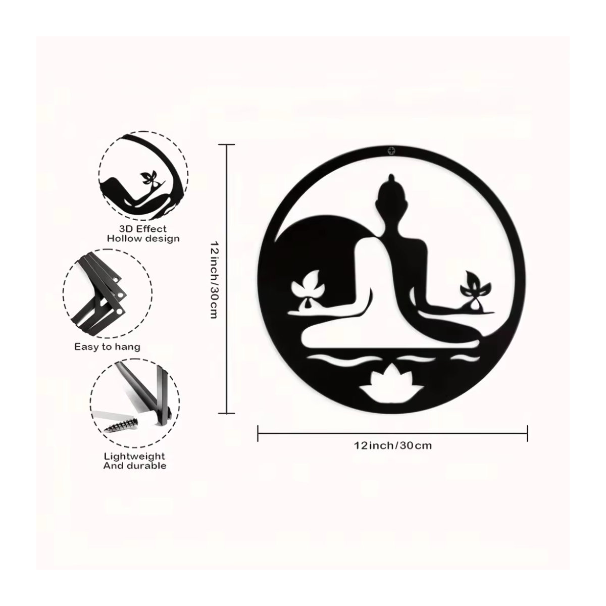 HELLOYOUNG Buddha Wanddekoration aus Metall in Schwarz, runde Bohemian Wandgestaltung für Meditation und Yoga - Bild 2