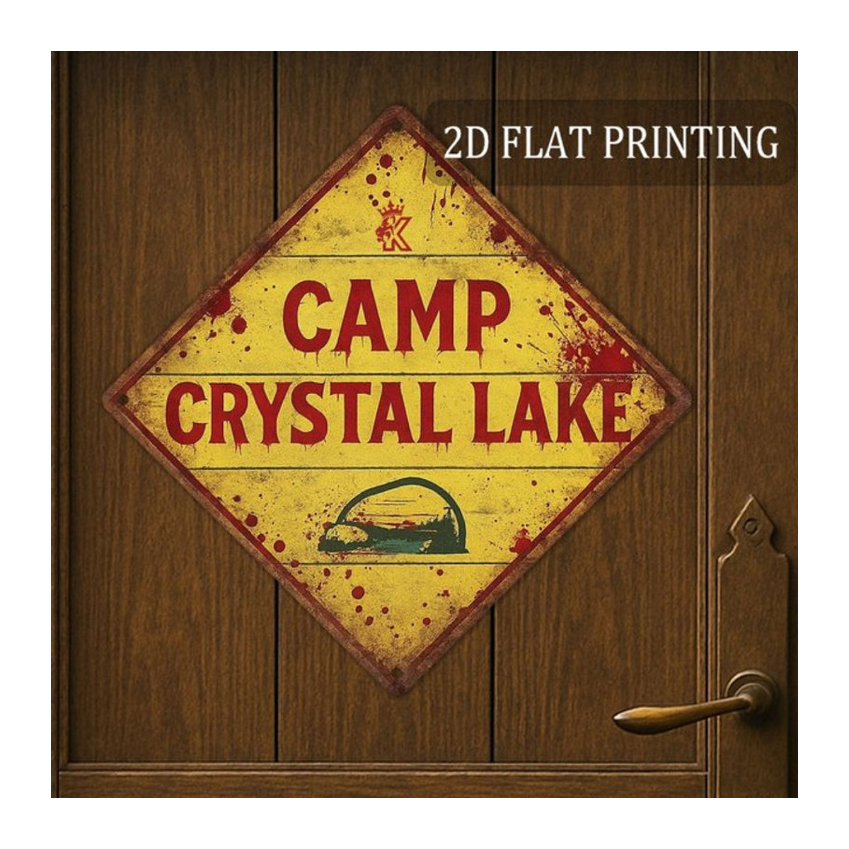 HELLOYOUNG Camp Crystal Lake Metallschild Vintage Aluminium Wanddekoration mit gelben Buchstaben für Halloween, Durchmesser: 20,32 cm - Bild 1