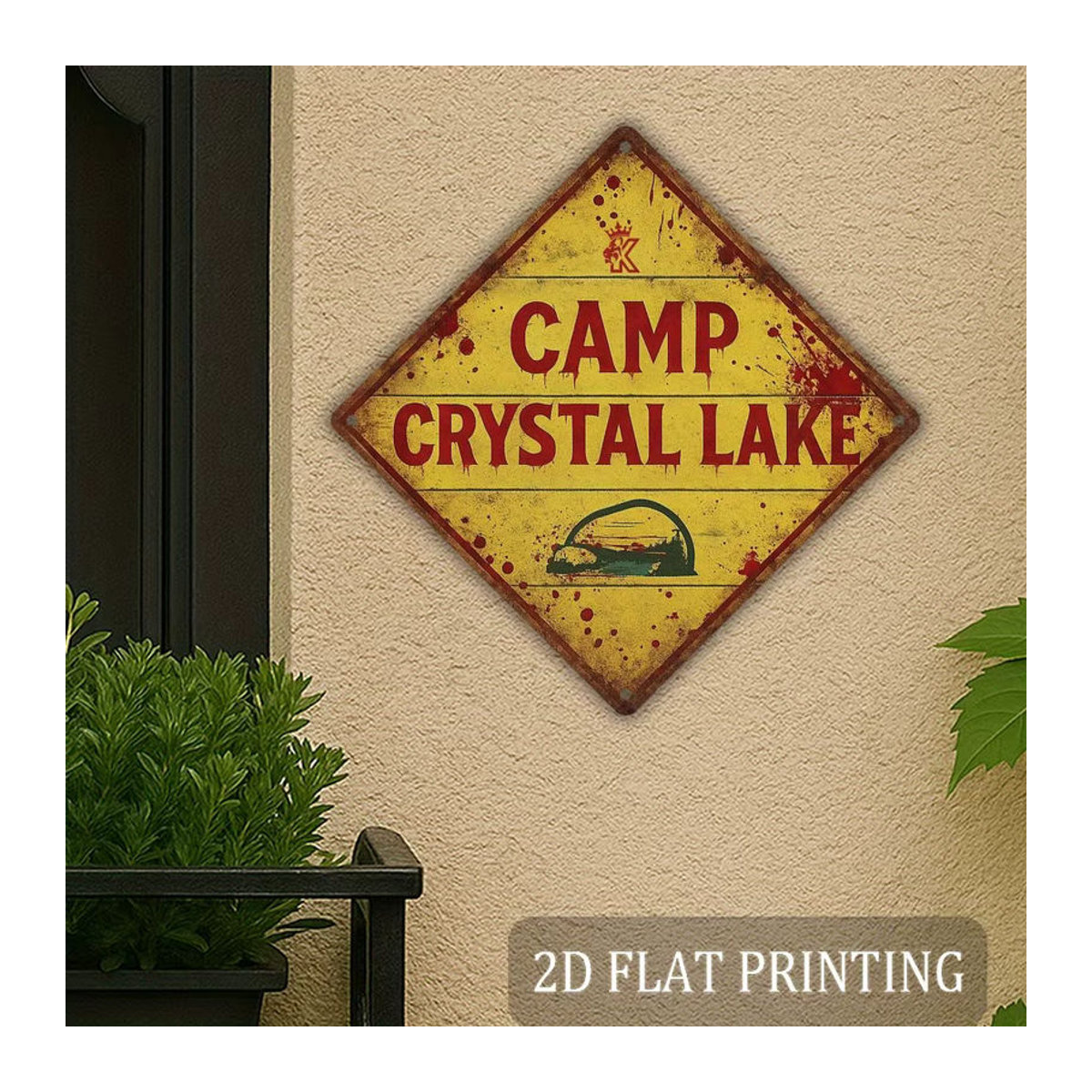 HELLOYOUNG Camp Crystal Lake Metallschild Vintage Aluminium Wanddekoration mit gelben Buchstaben für Halloween, Durchmesser: 20,32 cm - Bild 2