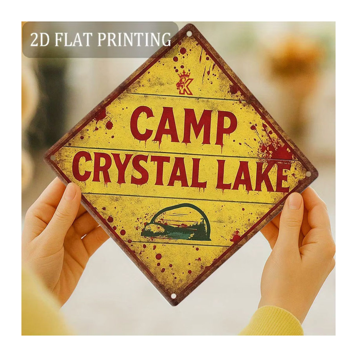 HELLOYOUNG Camp Crystal Lake Metallschild Vintage Aluminium Wanddekoration mit gelben Buchstaben für Halloween, Durchmesser: 20,32 cm - Bild 3