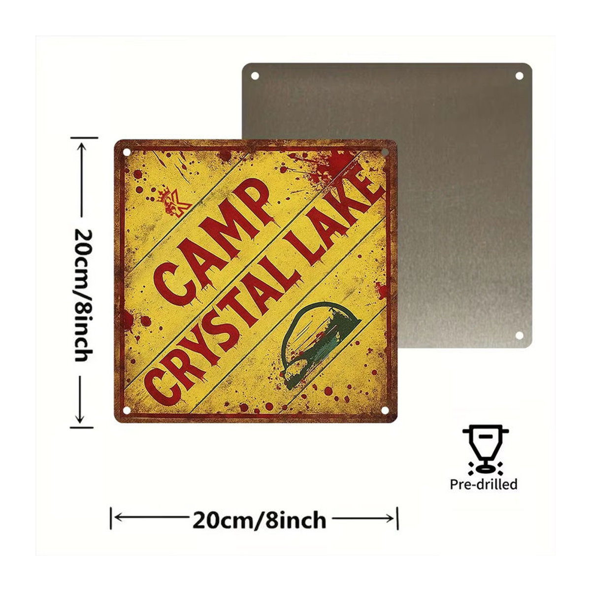 HELLOYOUNG Camp Crystal Lake Metallschild Vintage Aluminium Wanddekoration mit gelben Buchstaben für Halloween, Durchmesser: 20,32 cm - Bild 4