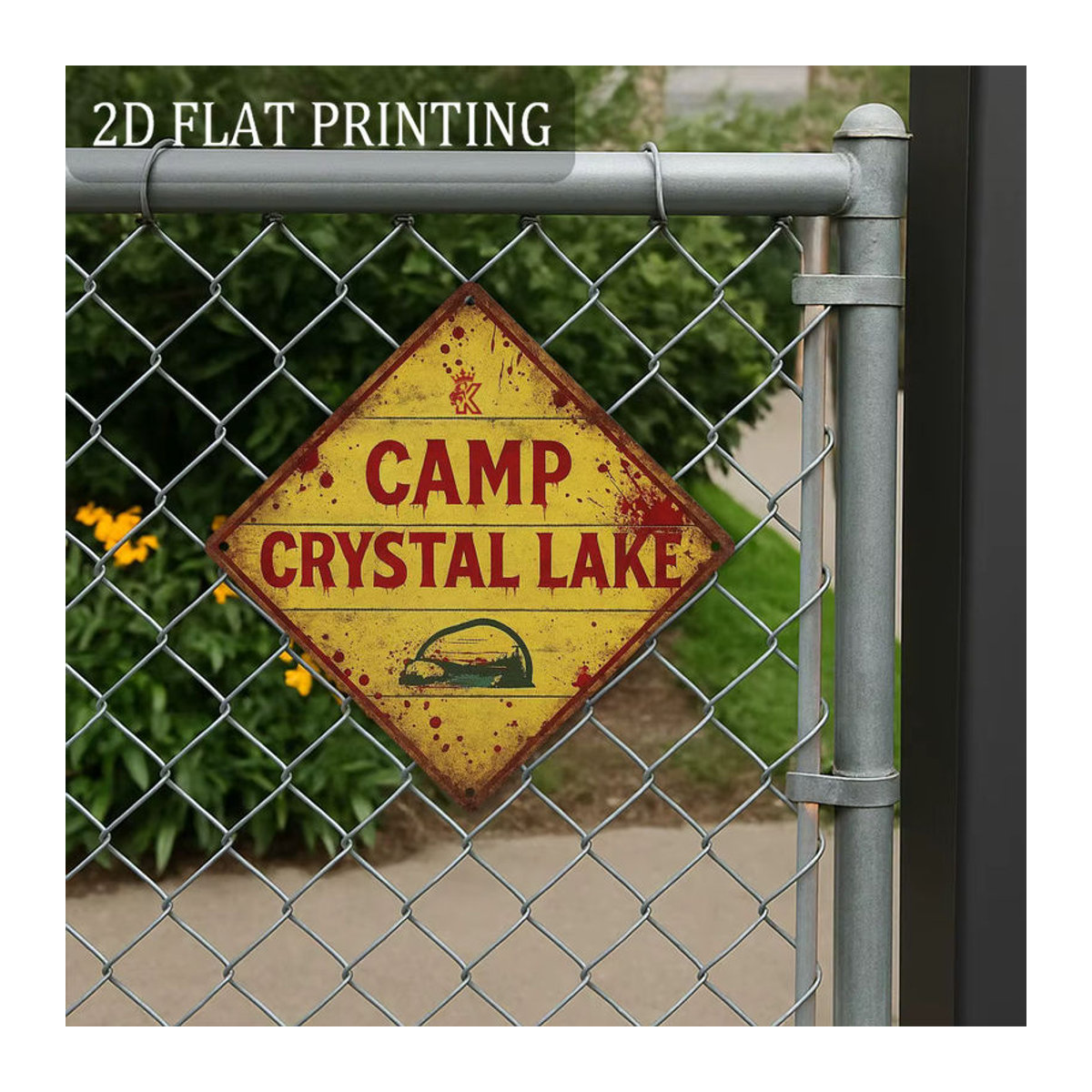 HELLOYOUNG Camp Crystal Lake Metallschild Vintage Aluminium Wanddekoration mit gelben Buchstaben für Halloween, Durchmesser: 20,32 cm - Bild 5