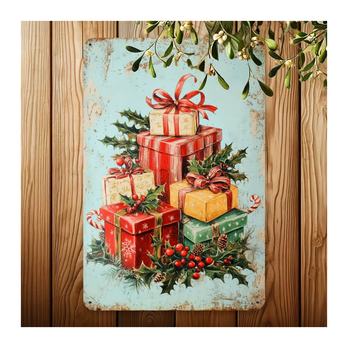 HELLOYOUNG Frohe Weihnachten Vintage Metallblechschild, mehrfarbige Wanddekoration aus Eisen, rechteckig, B/H: 30 x 20 cm - Bild 3