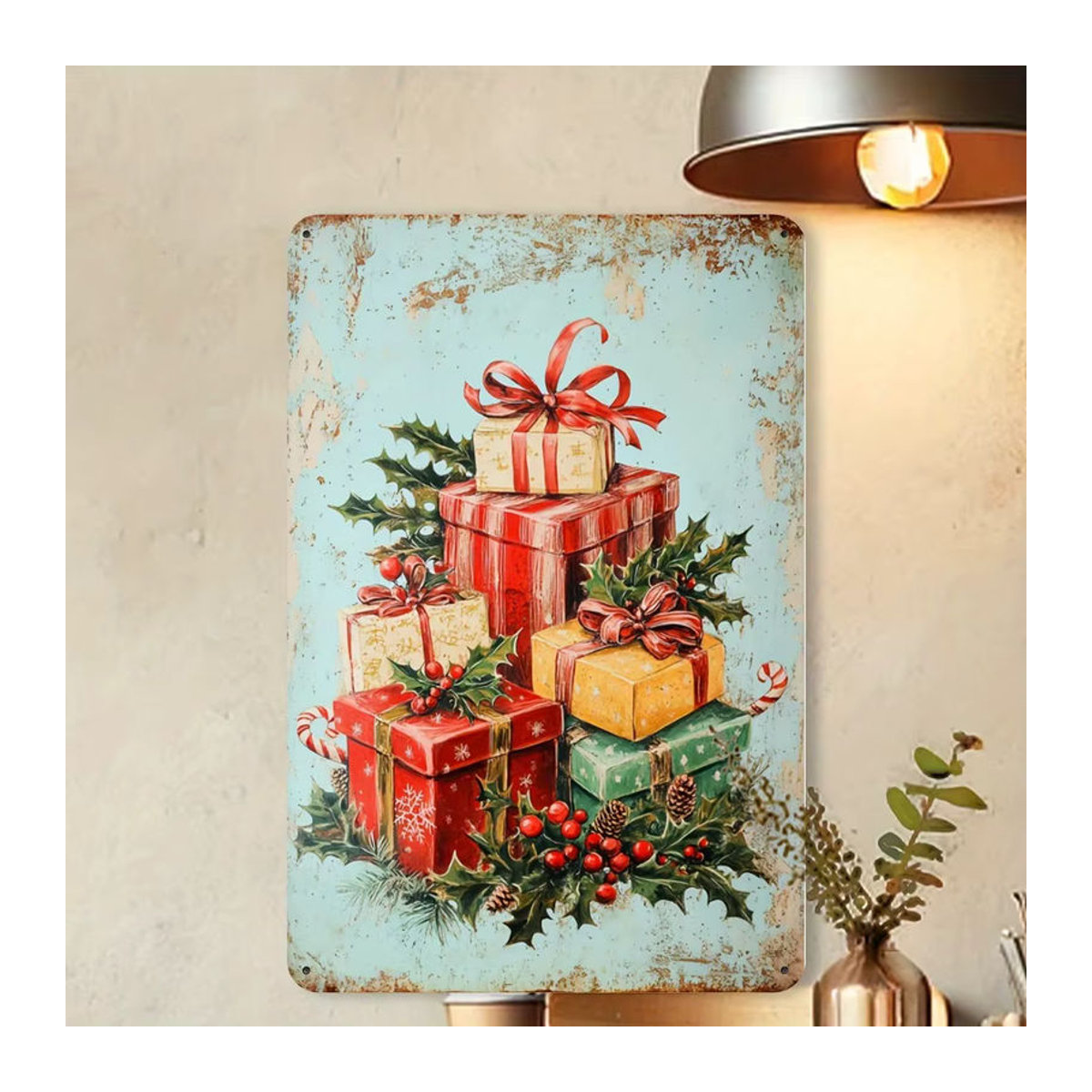 HELLOYOUNG Frohe Weihnachten Vintage Metallblechschild, mehrfarbige Wanddekoration aus Eisen, rechteckig, B/H: 30 x 20 cm - Bild 4