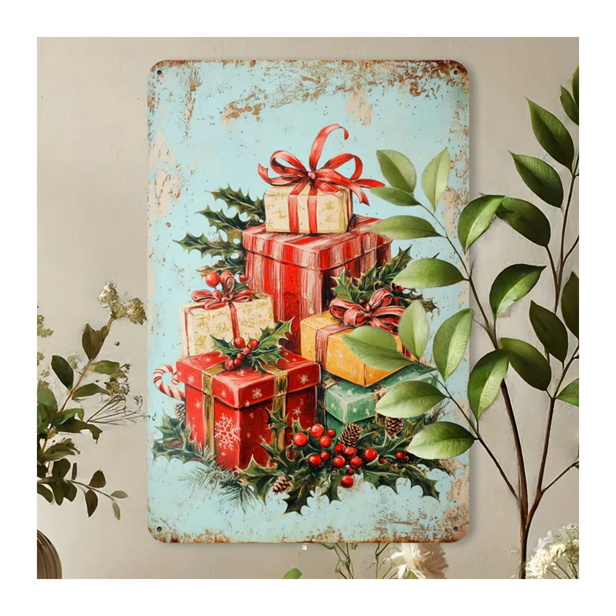 HELLOYOUNG Frohe Weihnachten Vintage Metallblechschild, mehrfarbige Wanddekoration aus Eisen, rechteckig, B/H: 30 x 20 cm - Bild 5
