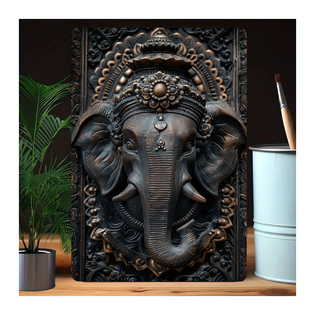 HELLOYOUNG Ganesha Metallwandkunst Elefantengott mit Lotuskrone in Braun, Orientalische Wanddekoration für dein Zuhause, B: 30 cm, H: 30 cm, T: 20 cm - Bild 1