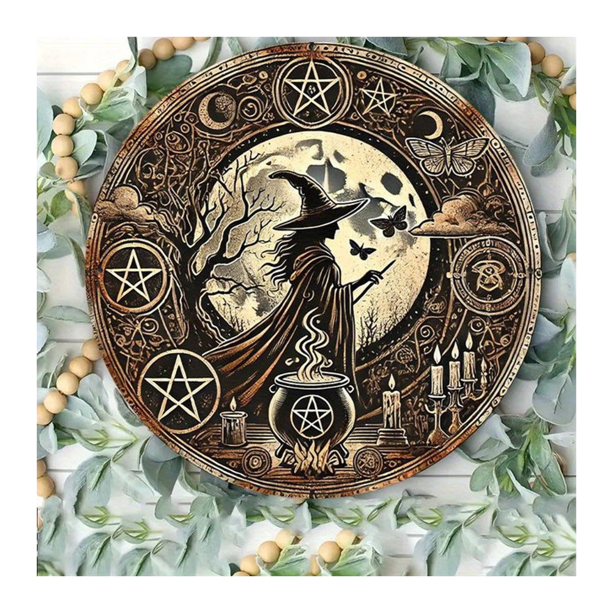 HELLOYOUNG Halloween Dekoration mit Hexen- und Kesseldesign, runde Metall-Foliengravur in Gold, Vintage-Stil - Bild 1