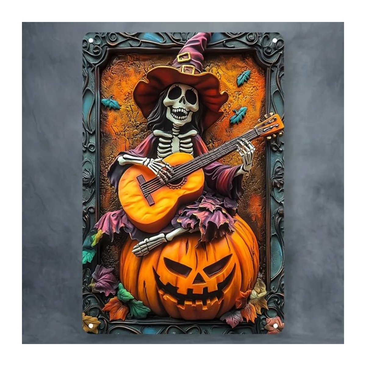 HELLOYOUNG Halloween Skelett-Hexe Aluminiumschild, quadratisches Metallschild für die Wandmontage, mehrfarbig, B/H: 45 x 45 cm - Bild 1