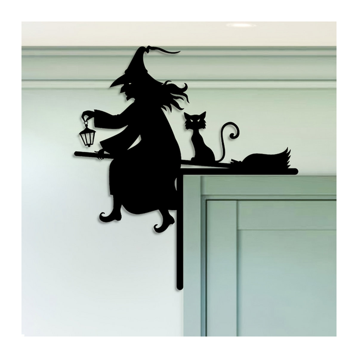 HELLOYOUNG Halloween Türrahmen Silhouette Dekoration aus Metall mit Hexe und Katze in Schwarz - Bild 1