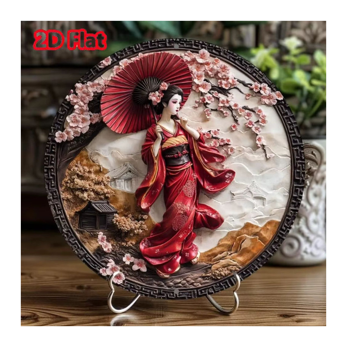 HELLOYOUNG Japanischer Kimono Wandkunst aus Aluminium – Rundes Metallschild mit floralem Design in Mehrfarbig, Orientalische Wanddekoration - Bild 2