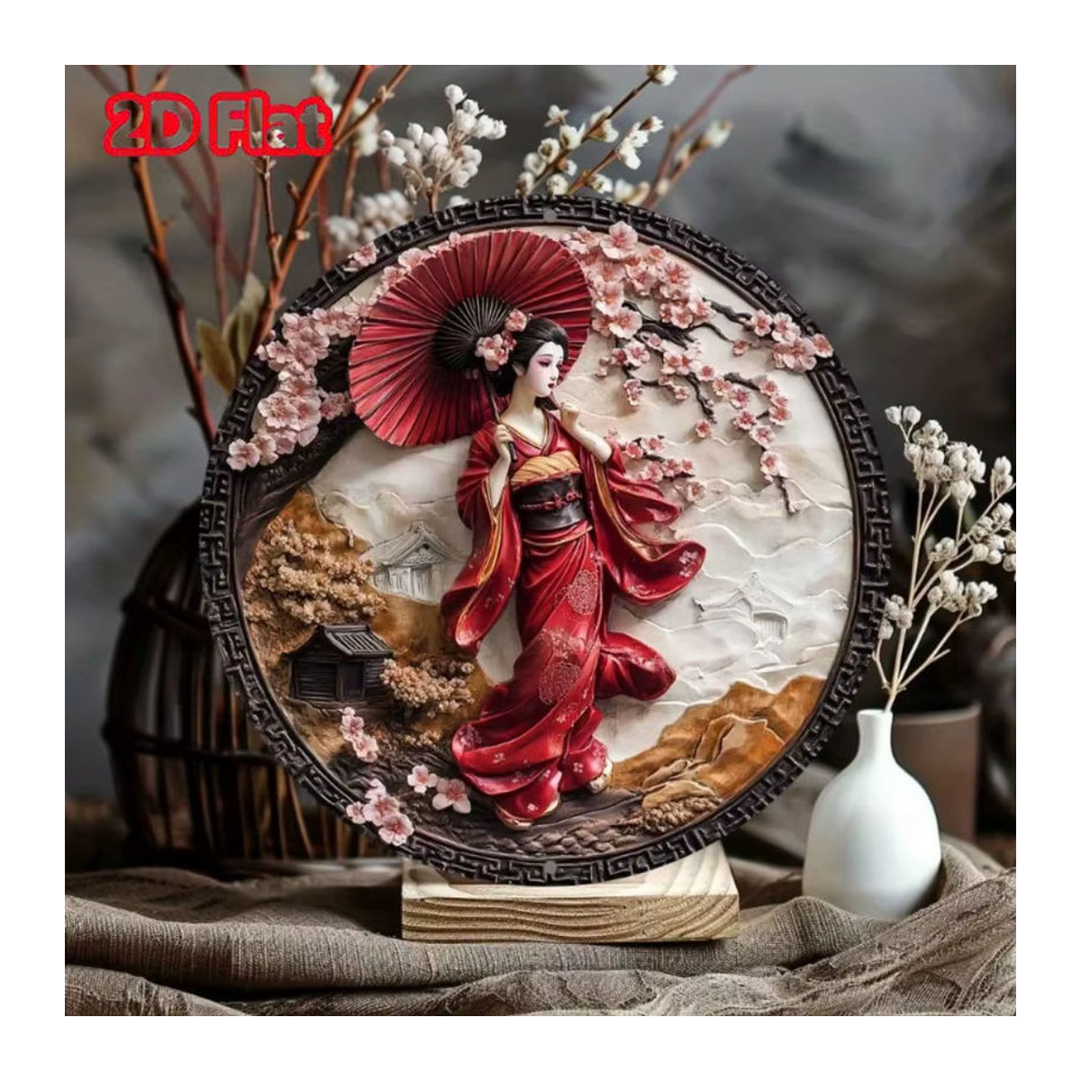 HELLOYOUNG Japanischer Kimono Wandkunst aus Aluminium – Rundes Metallschild mit floralem Design in Mehrfarbig, Orientalische Wanddekoration - Bild 4