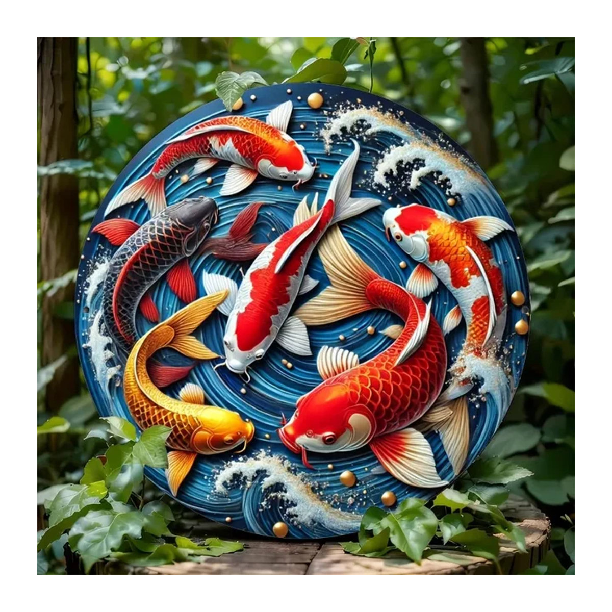 HELLOYOUNG Koi-Fisch Wandkunst aus Metall, rundes Eisenschild in Mehrfarbig, orientalische Wanddekoration für dein Zuhause - Bild 1