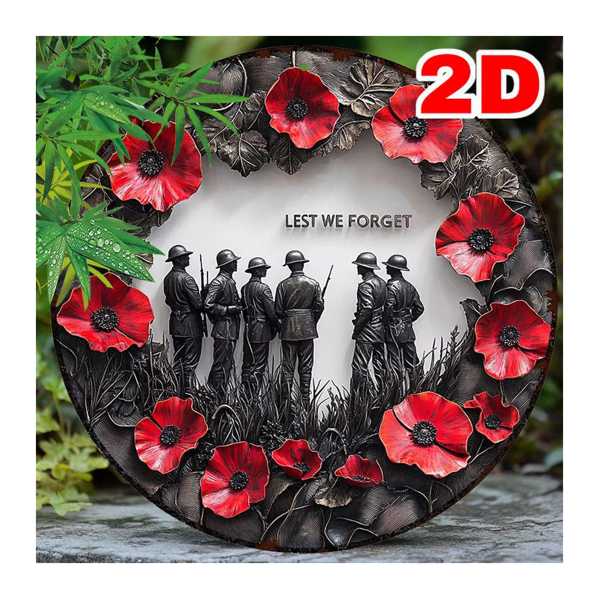HELLOYOUNG Lest We Forget Rundes Aluminiumschild aus Metall mit Mohnblumen in Vintage-Optik, mehrfarbige Wanddekoration für Garten und Haus - Bild 2
