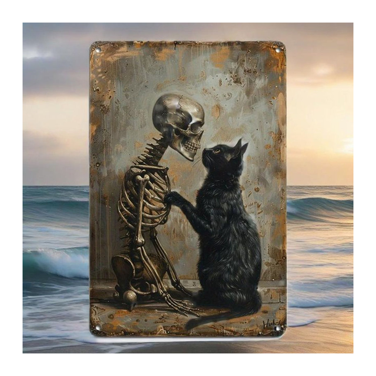 HELLOYOUNG Metall-Blechschild Necro-Fire Patina Gothic Black Cat Mandala mit Mond-Motiven, Schwarz/Mehrfarbig, B: 30 cm, H: 20 cm - Bild 1