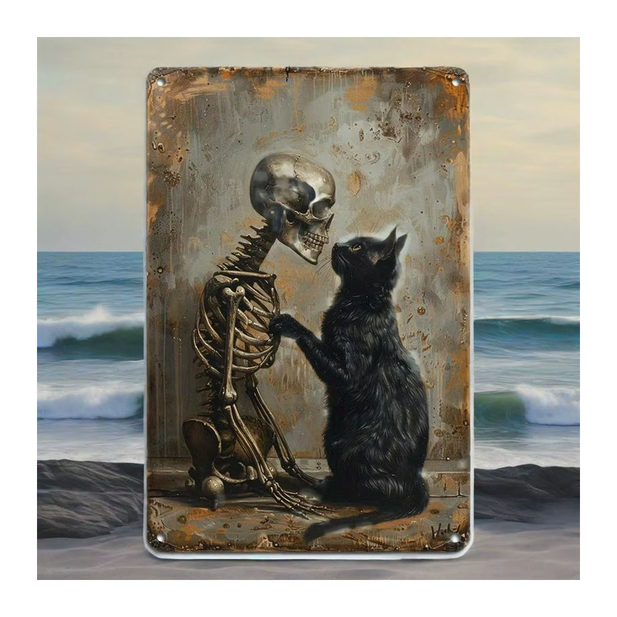 HELLOYOUNG Metall-Blechschild Necro-Fire Patina Gothic Black Cat Mandala mit Mond-Motiven, Schwarz/Mehrfarbig, B: 30 cm, H: 20 cm - Bild 3