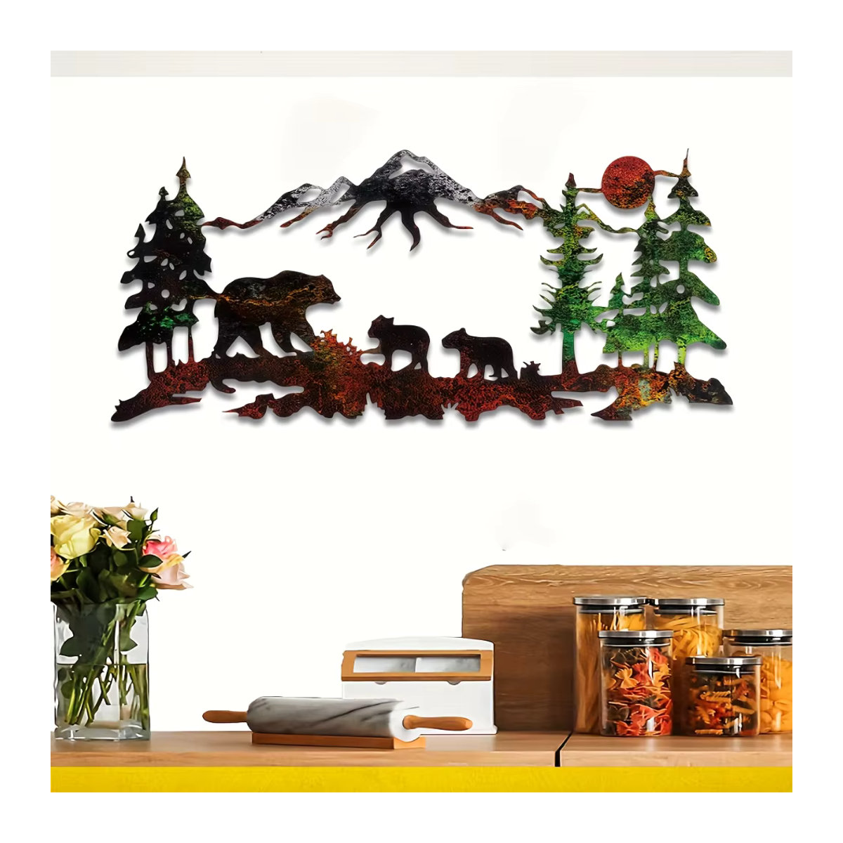 HELLOYOUNG Metall-Wanddeko Bär und Waldsilhouette mit Bergszene in rustikalem Design, mehrfarbig - Bild 3