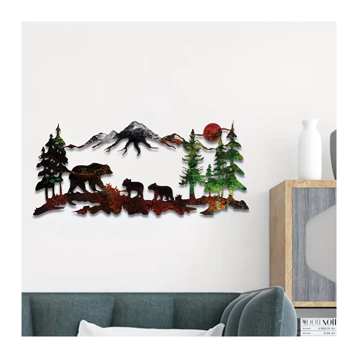 HELLOYOUNG Metall-Wanddeko Bär und Waldsilhouette mit Bergszene in rustikalem Design, mehrfarbig - Bild 4