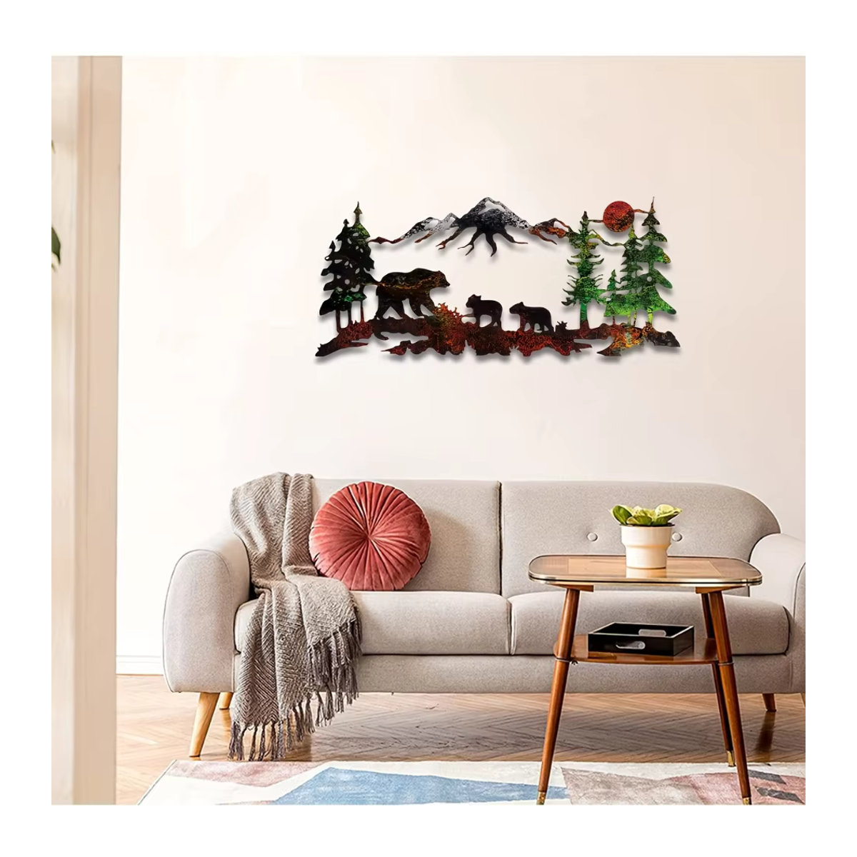HELLOYOUNG Metall-Wanddeko Bär und Waldsilhouette mit Bergszene in rustikalem Design, mehrfarbig - Bild 5