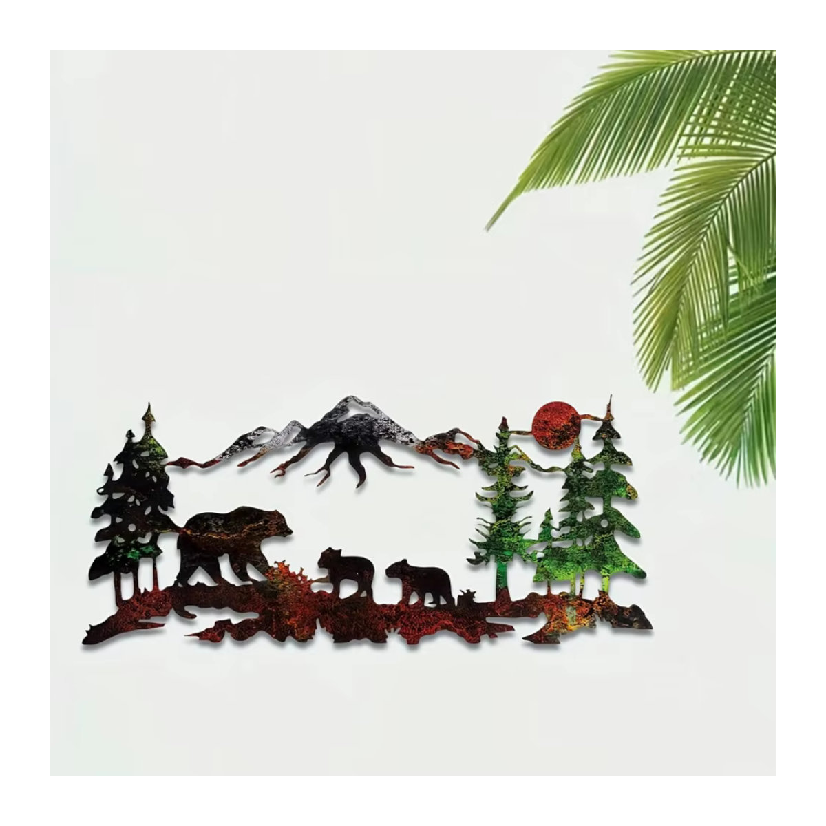 HELLOYOUNG Metall-Wanddeko Bär und Waldsilhouette mit Bergszene in rustikalem Design, mehrfarbig - Bild 6
