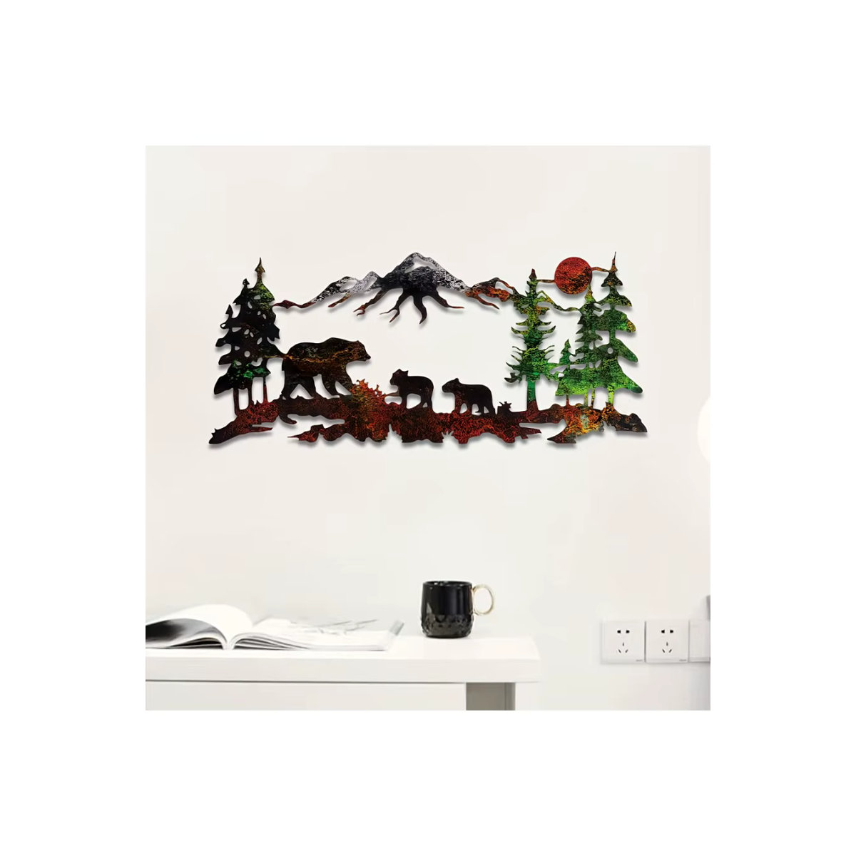 HELLOYOUNG Metall-Wanddeko Bär und Waldsilhouette mit Bergszene in rustikalem Design, mehrfarbig - Bild 7