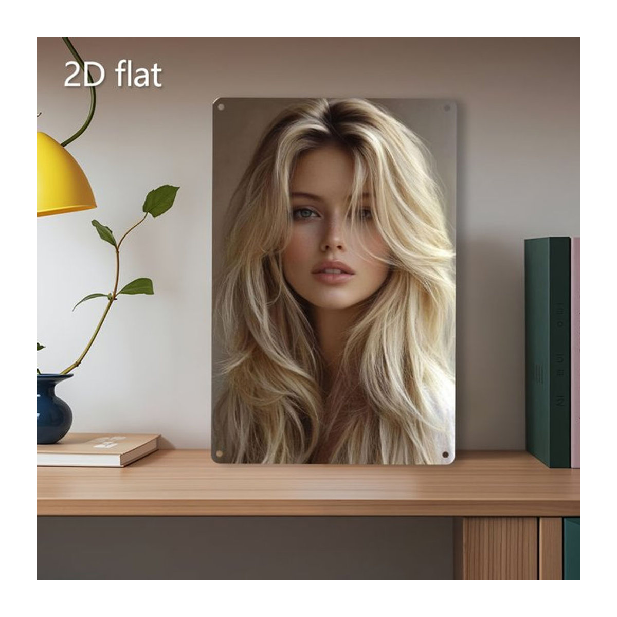 HELLOYOUNG Metall-Wandkunst Golden Hair Lady mit blauen Augen, dekorative Wanddekoration in Gold und Blau, B: 76,2 cm x H: 50,8 cm - Bild 1