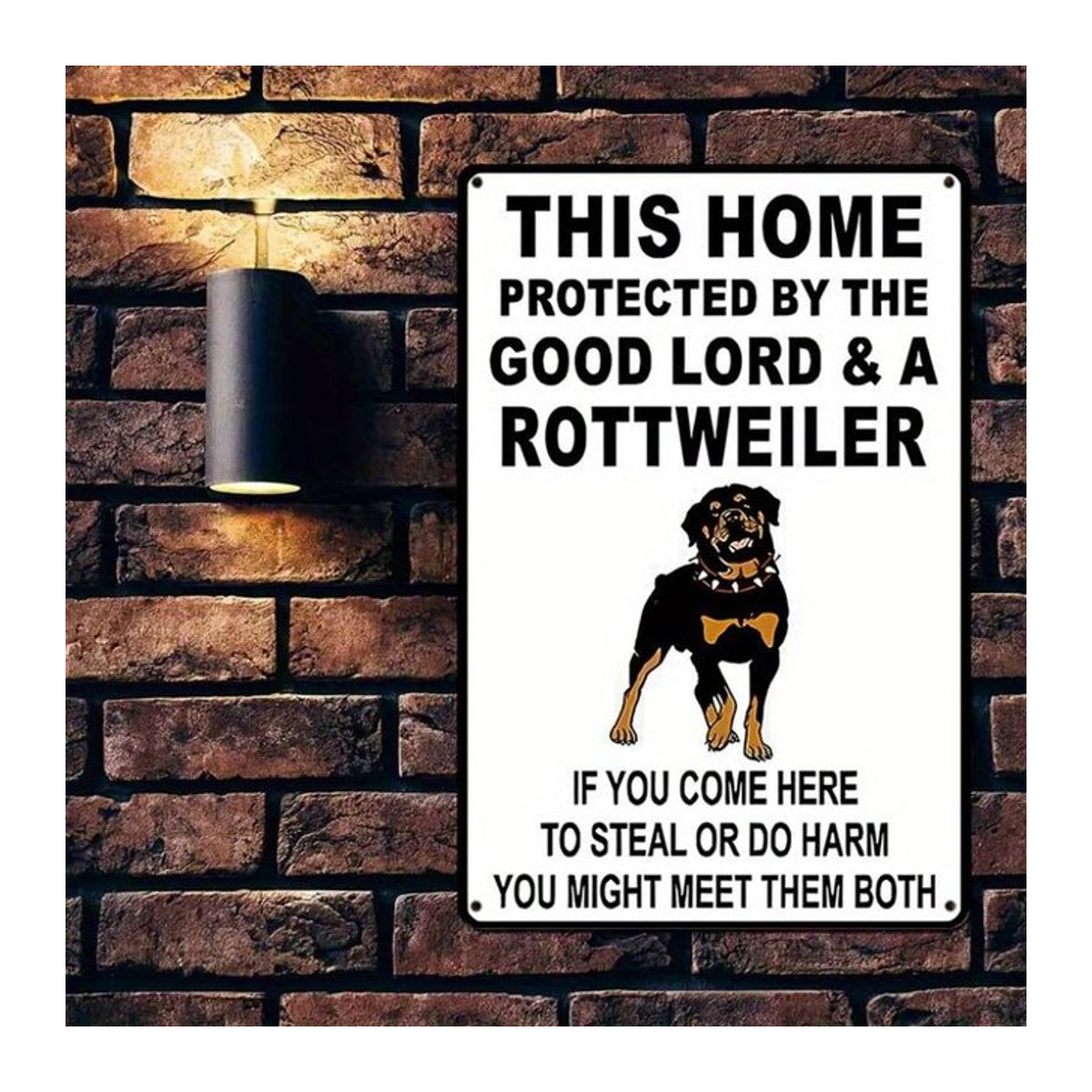 HELLOYOUNG Metall Warnschild Rottweiler Gott geschützt humorvolle Wanddekoration in Weiß, B/H: 30 x 20 cm - Bild 1