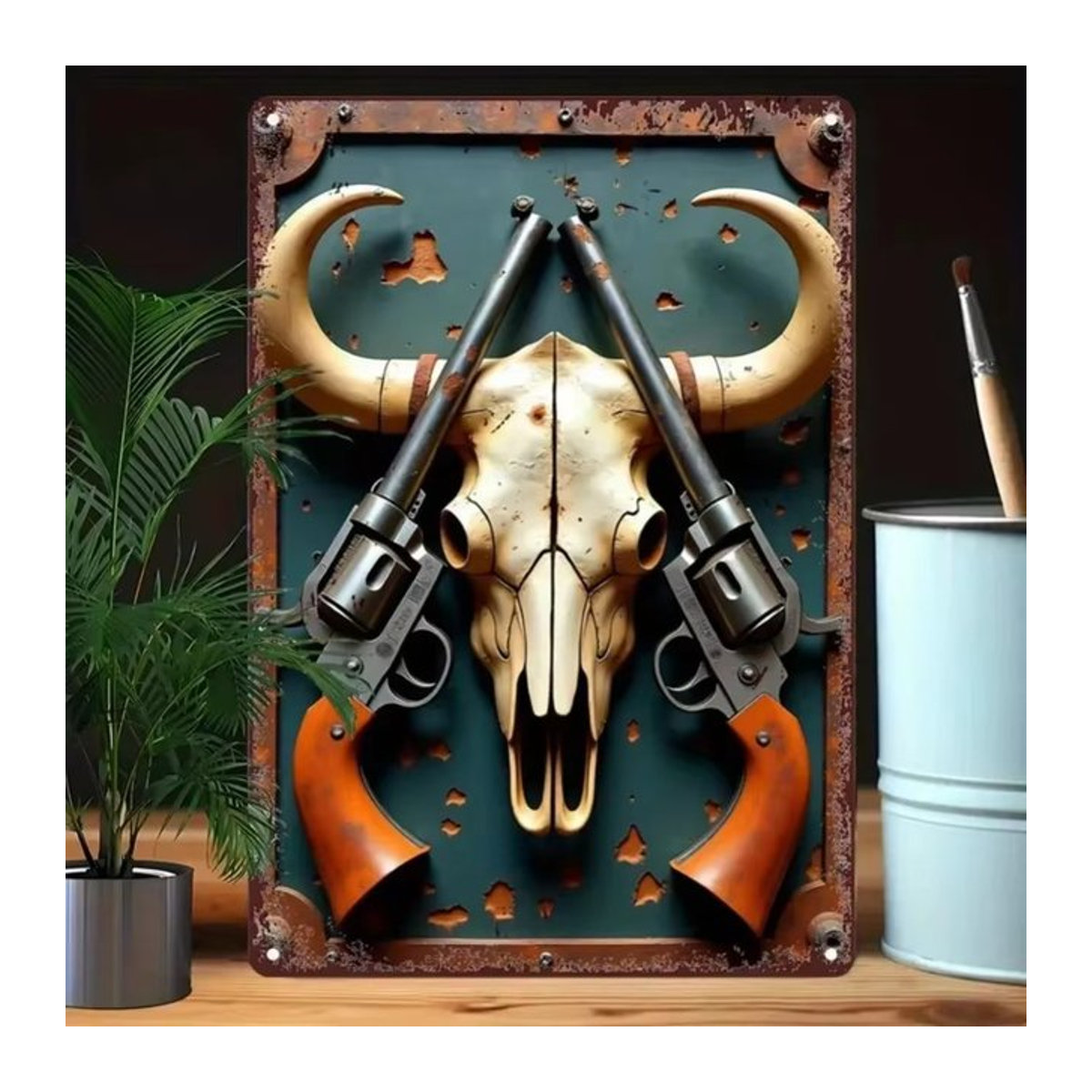 HELLOYOUNG Metallschild im Vintage-Stil mit Cowboy-Schädel und Revolvern, mehrfarbig, Rechteckig, B/H/T: 20 x 30 x 20 cm - Bild 1