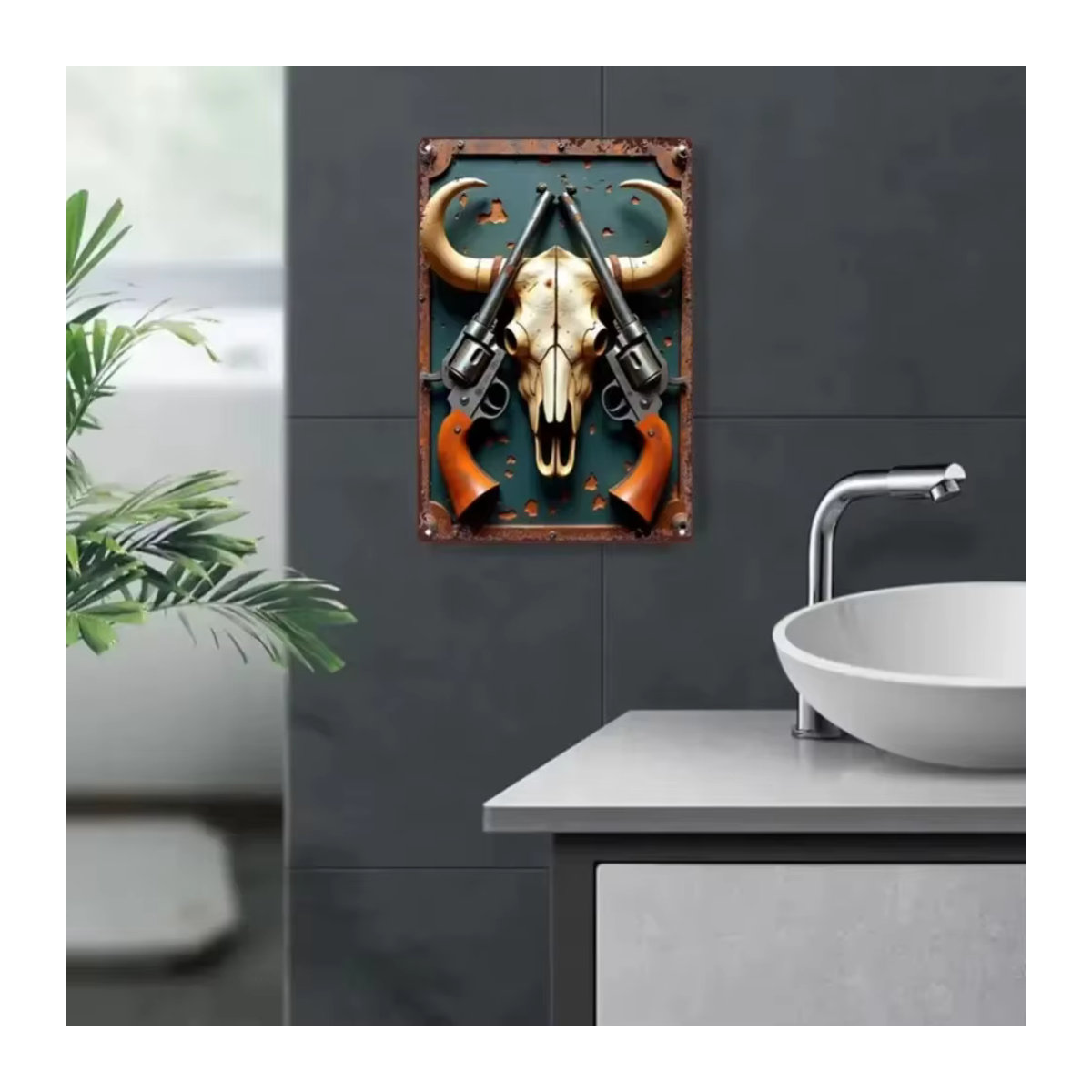 HELLOYOUNG Metallschild im Vintage-Stil mit Cowboy-Schädel und Revolvern, mehrfarbig, Rechteckig, B/H/T: 20 x 30 x 20 cm - Bild 4