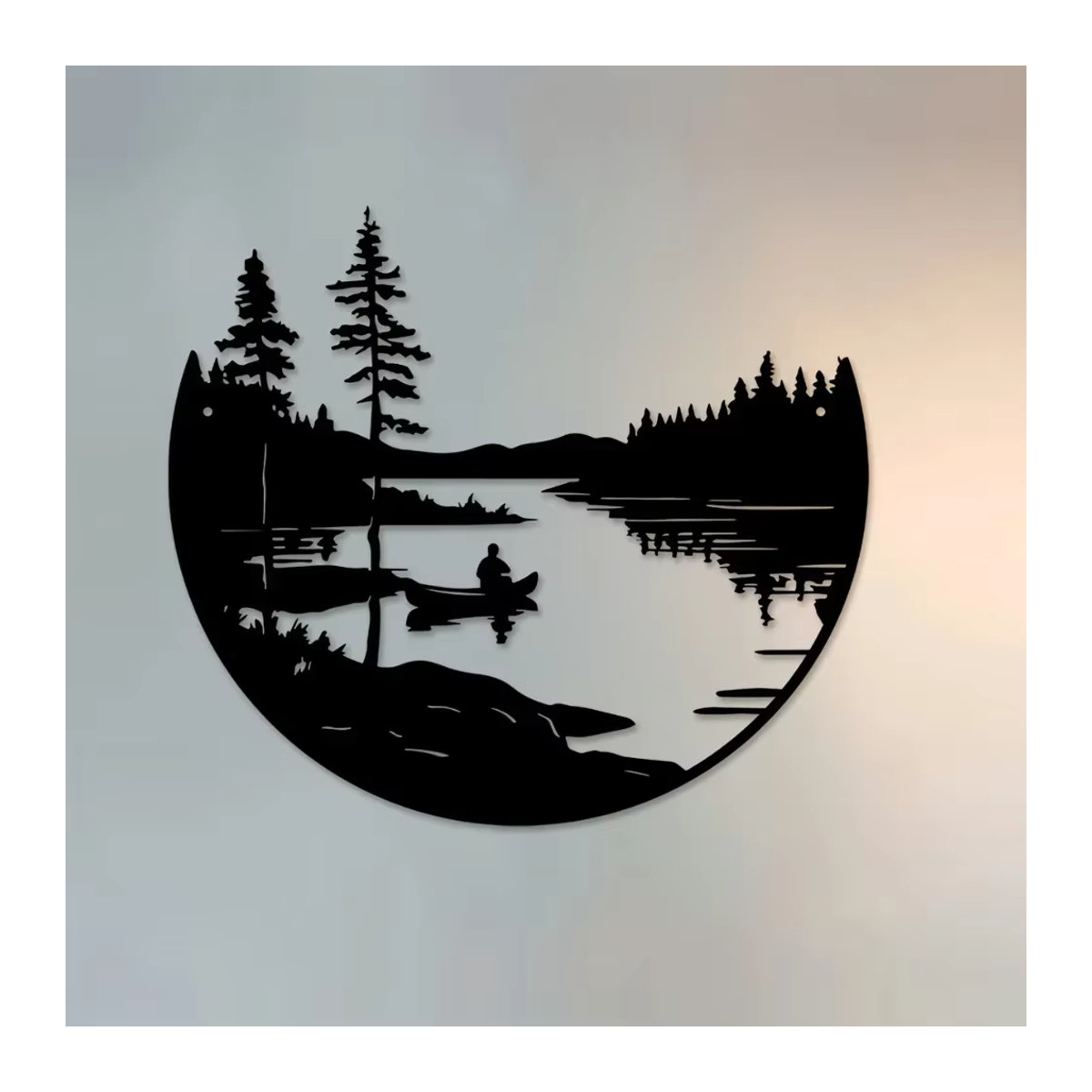 HELLOYOUNG Metallwandkunst im Bohemian Stil mit See- und Bergsilhouette, runde Wanddekoration in Schwarz - Bild 3