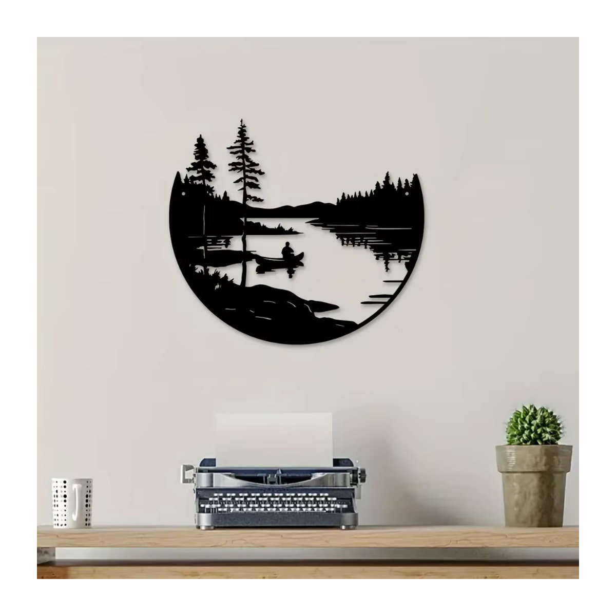 HELLOYOUNG Metallwandkunst im Bohemian Stil mit See- und Bergsilhouette, runde Wanddekoration in Schwarz - Bild 5