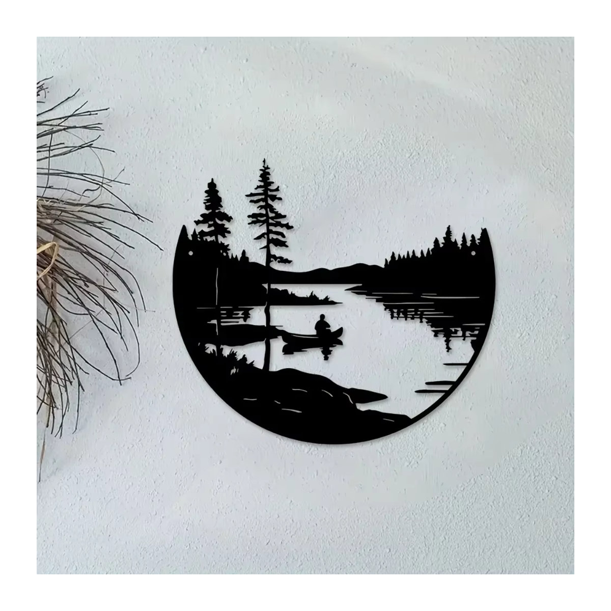 HELLOYOUNG Metallwandkunst im Bohemian Stil mit See- und Bergsilhouette, runde Wanddekoration in Schwarz - Bild 6