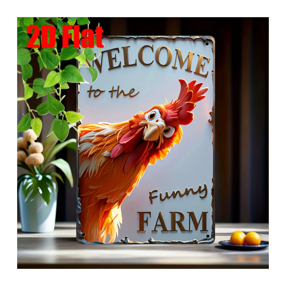 HELLOYOUNG Metallwandschild Welcome to the Funny Farm mit Hahn, rustikale Dekoration, mehrfarbig, B: 30,5 cm, H: 20,3 cm - Bild 1