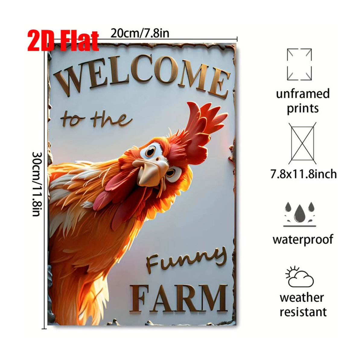 HELLOYOUNG Metallwandschild Welcome to the Funny Farm mit Hahn, rustikale Dekoration, mehrfarbig, B: 30,5 cm, H: 20,3 cm - Bild 3
